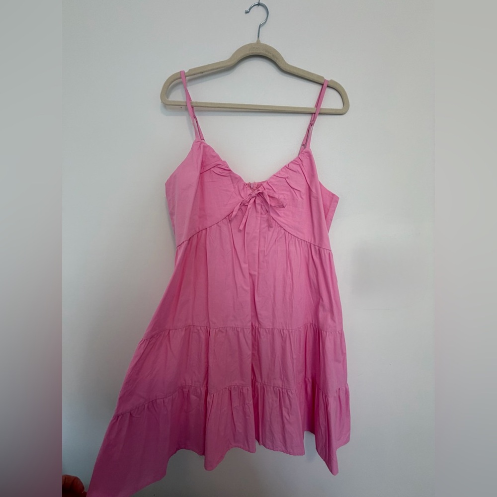 Retrod Hot Pink Tiered Mini Dress | Babydoll Tie Front Sundress | Size Large NWT